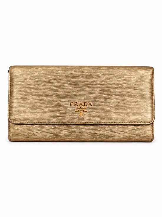 Prada Handbags - Prada Metallic Gold Saffiano Leather Flap Wallet